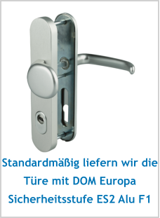 Standardmäßig liefern wir die Türe mit DOM Europa Sicherheitsstufe ES2 Alu F1